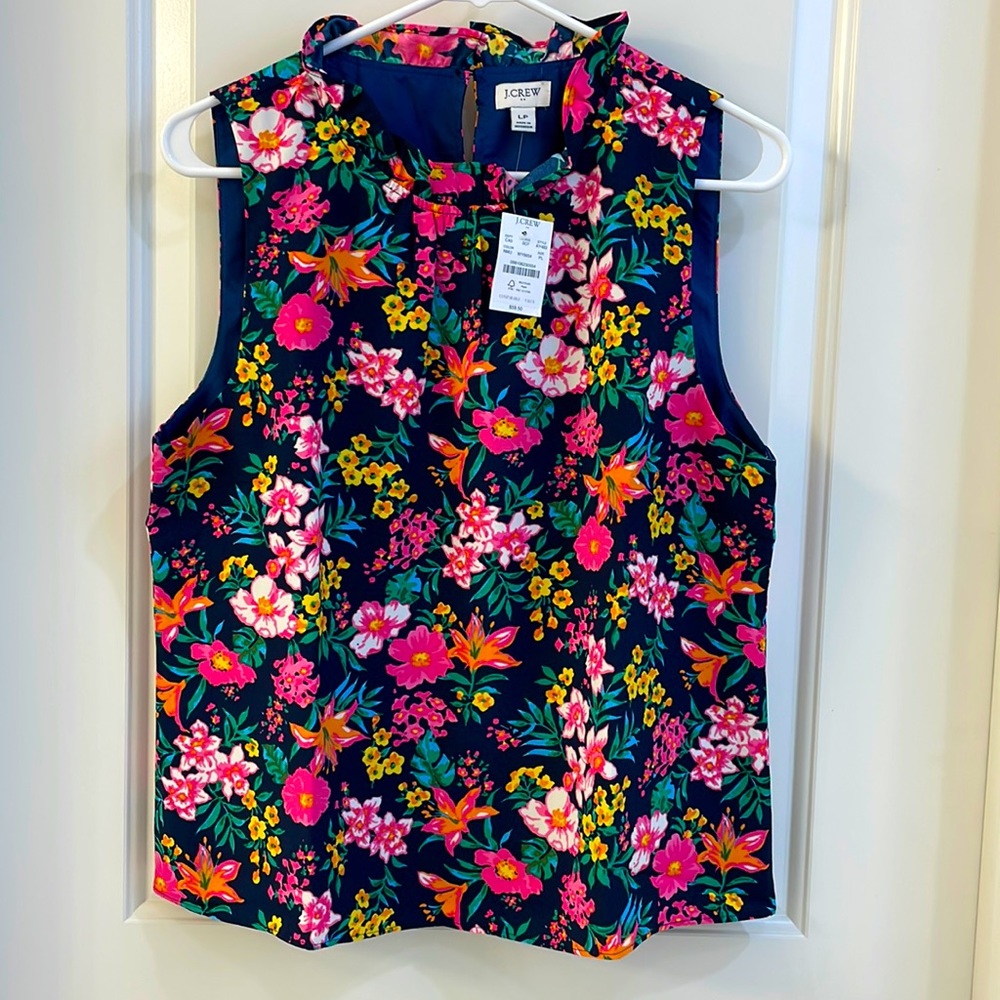 Women’s J. Crew Navy & Floral Sleeveless Blouse Top - NWT size Large Petite